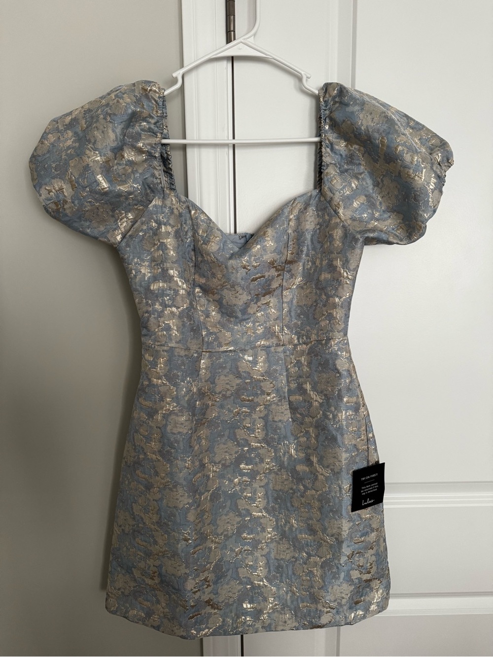 Lulu's Powder Blue and Gold Puff-Sleeve Mini Dress